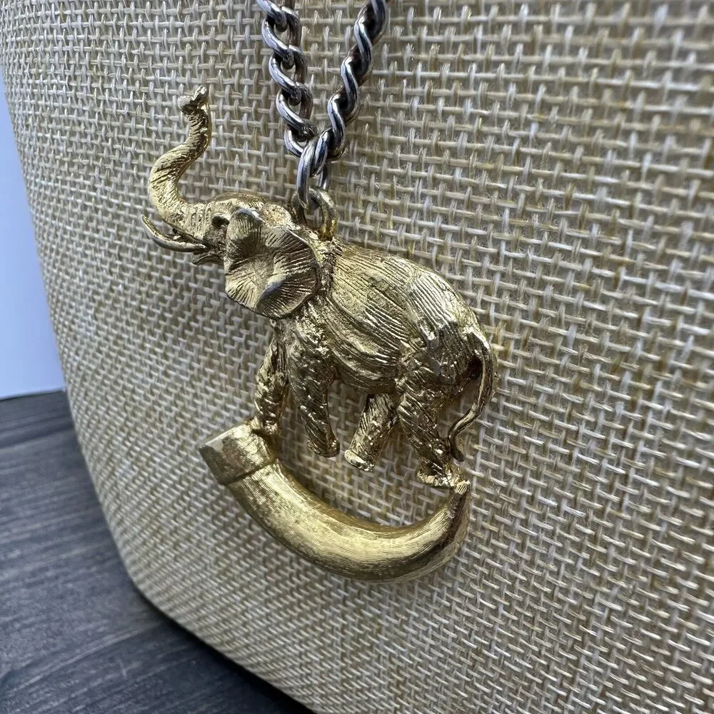 Vintage Elephant on Tusk Necklace Gold Tone Large Pendant Safari Estate‎ Find